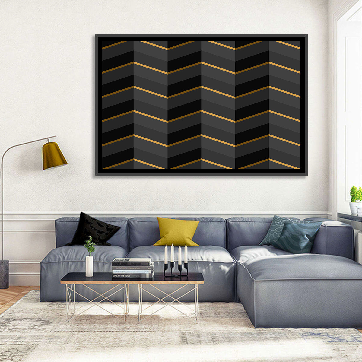 Black Stripes with Gold Accents Wall Art in a room, landscape