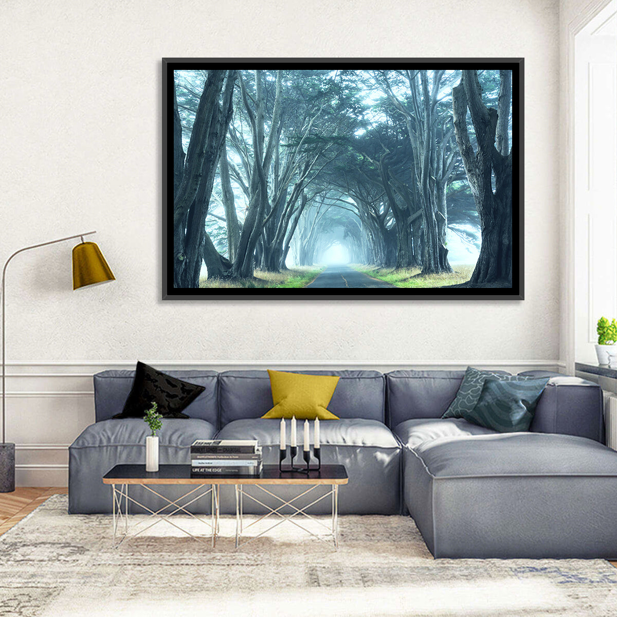 Foggy Cypress Tree Tunnel Wall Art in a room, landscape