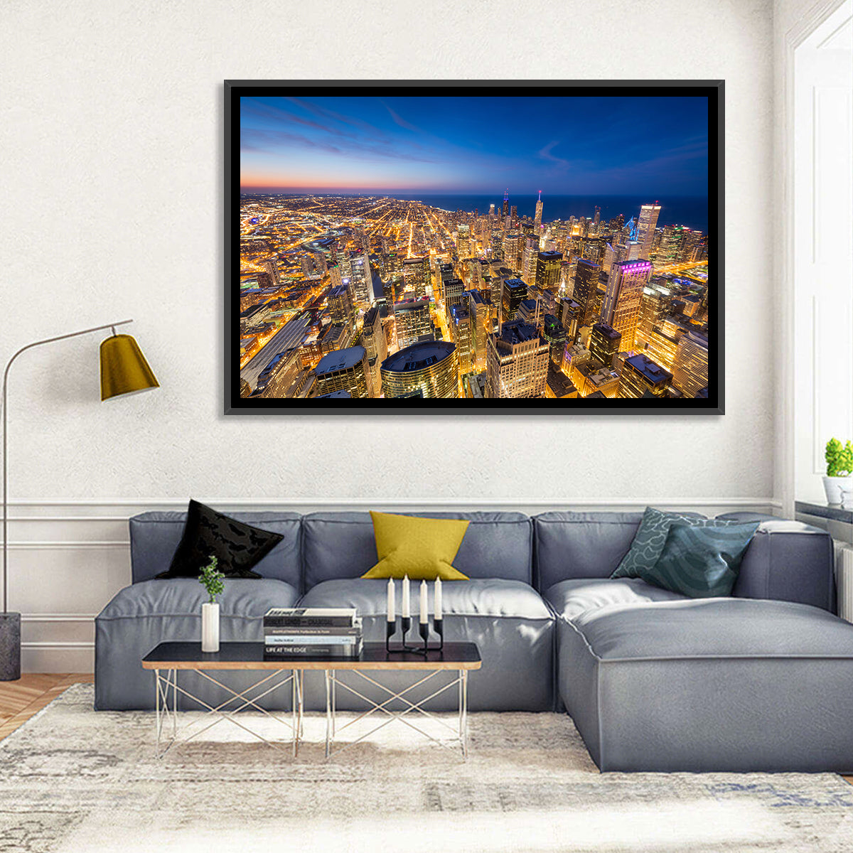 Aerial Chicago Nightscape Wall Art in a room, landscape