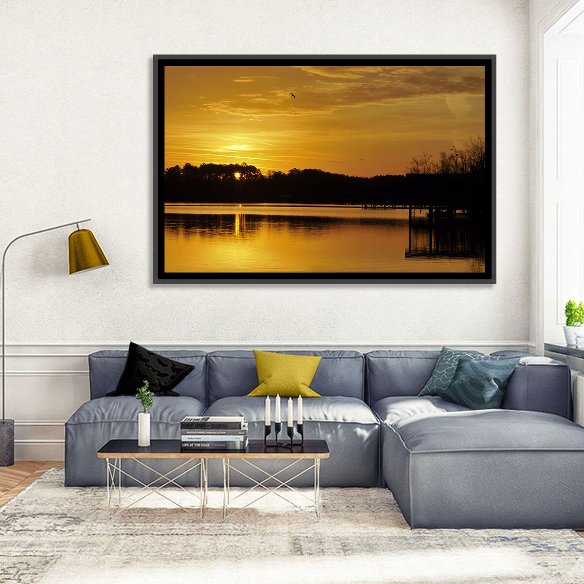 Lake Weiss Sunset Reflection Wall Art in a room, landscape