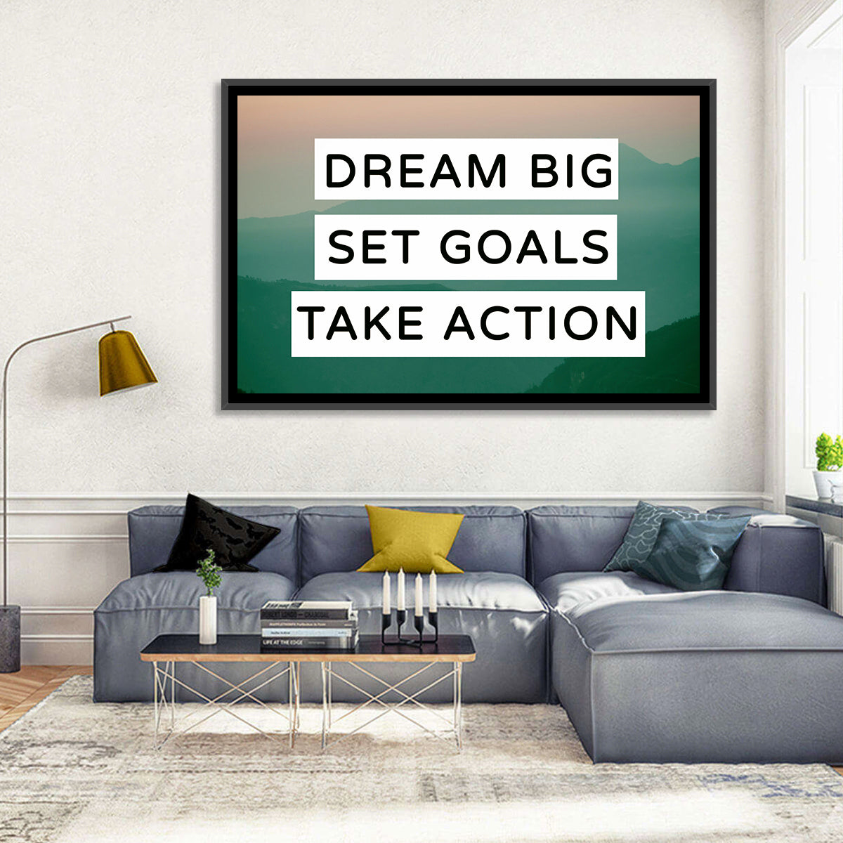Dream Big Set Goals Wall Art in a room, landscape
