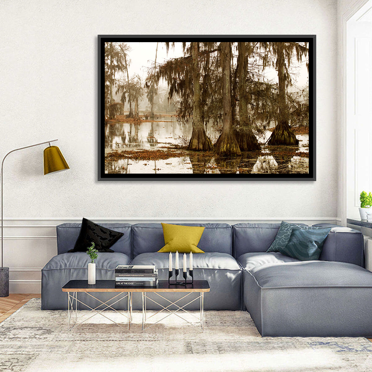 Lake Martin Cypress Morning Wall Art in a room, landscape