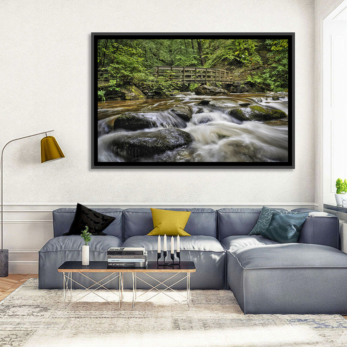 Stock Ghyll Footbridge Forest Stream Wall Art in a room, landscape