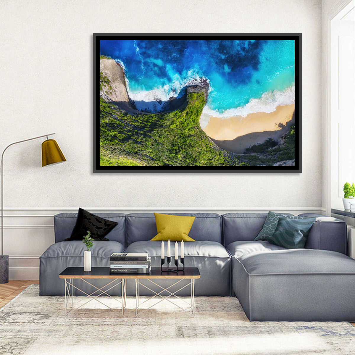 Kelingking Beach Cliffs Wall Art in a room, landscape