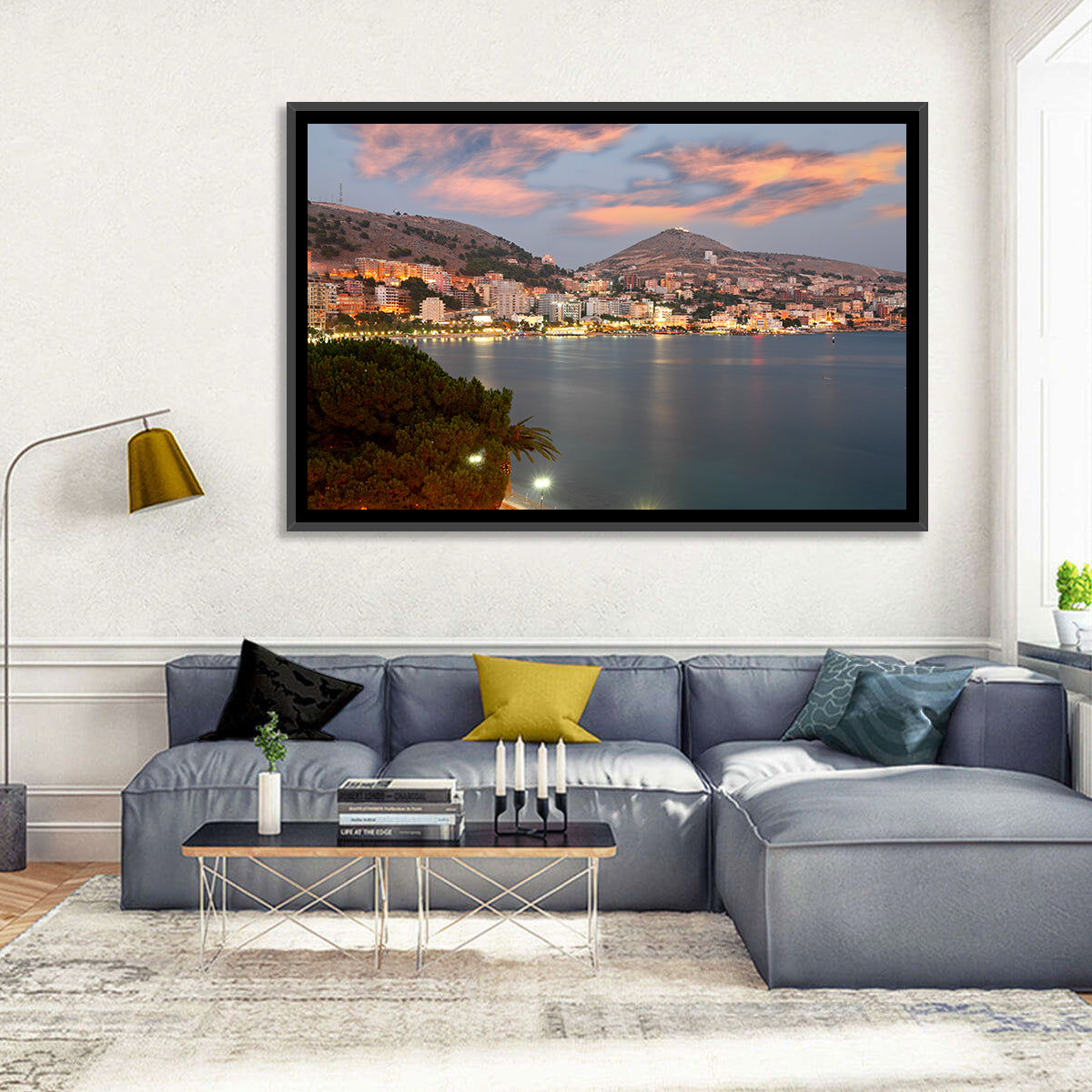 Sarandë Bay at Dusk Wall Art in a room, landscape