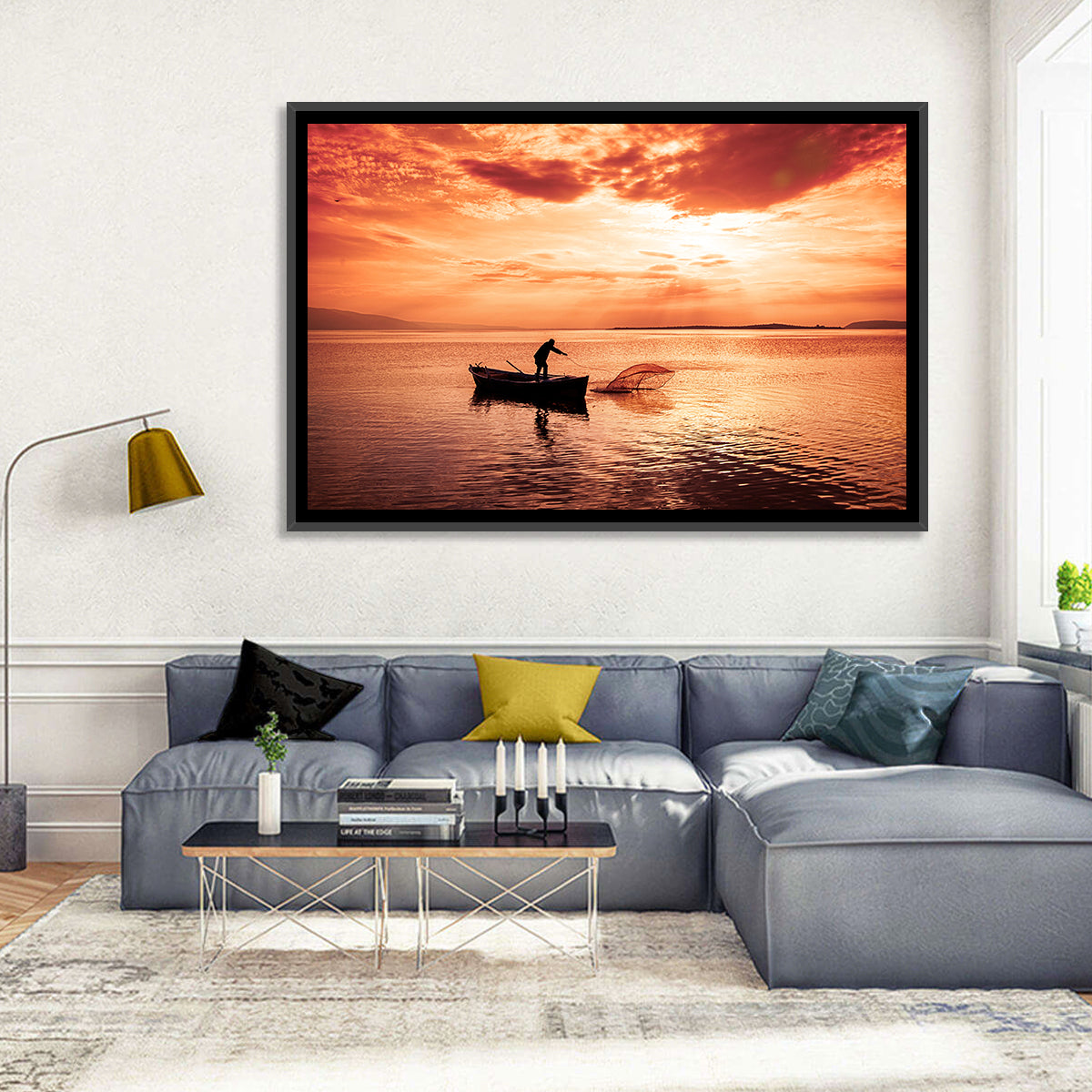 Uluabat Lake Fisherman at Dusk Wall Art in a room, landscape