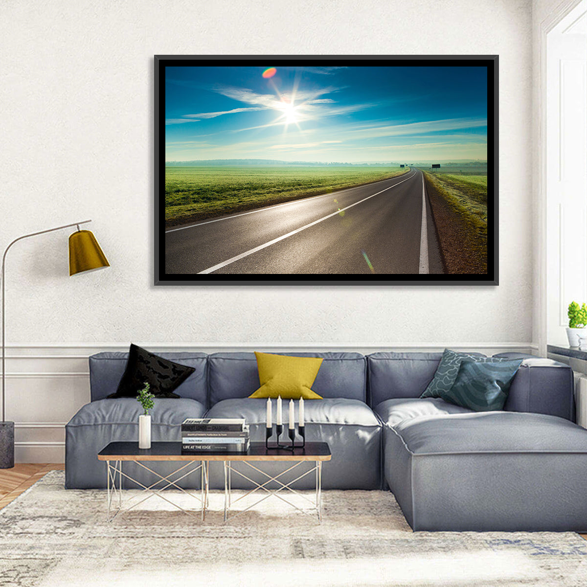 Sunlit Road Through Green Field Wall Art in a room, landscape