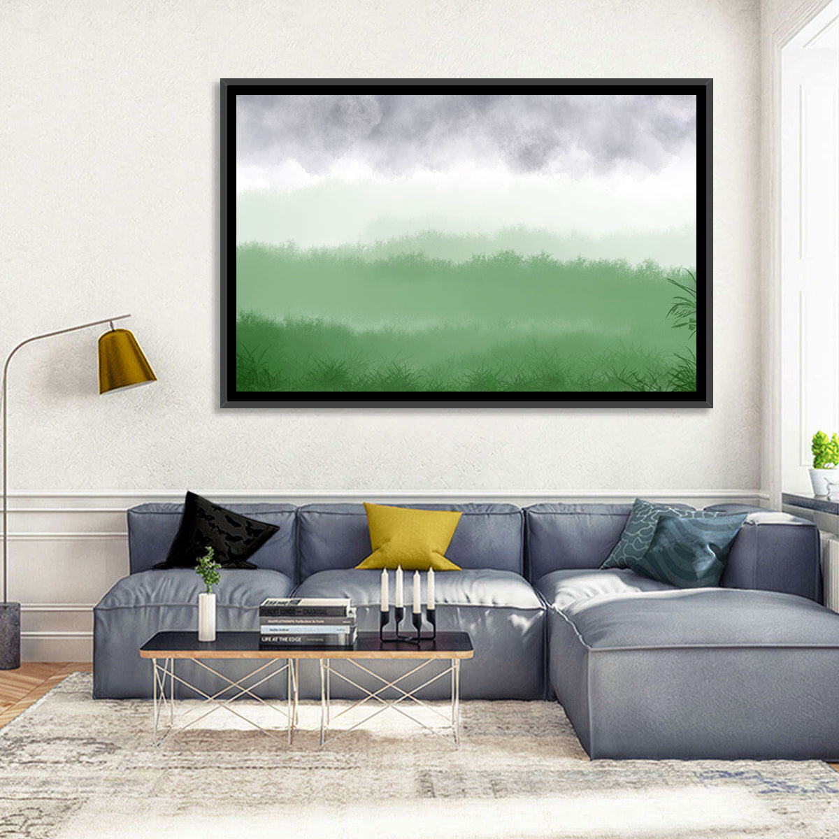 Misty Green Fields Wall Art in a room, landscape