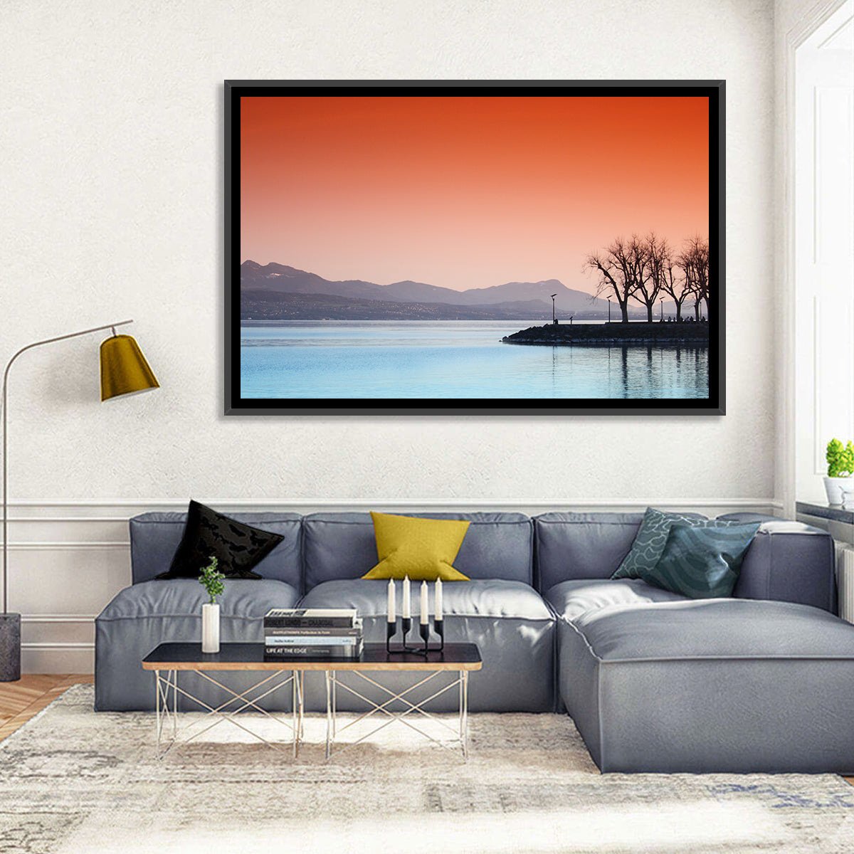 Lake Geneva Sunset Reflection Wall Art in a room, landscape