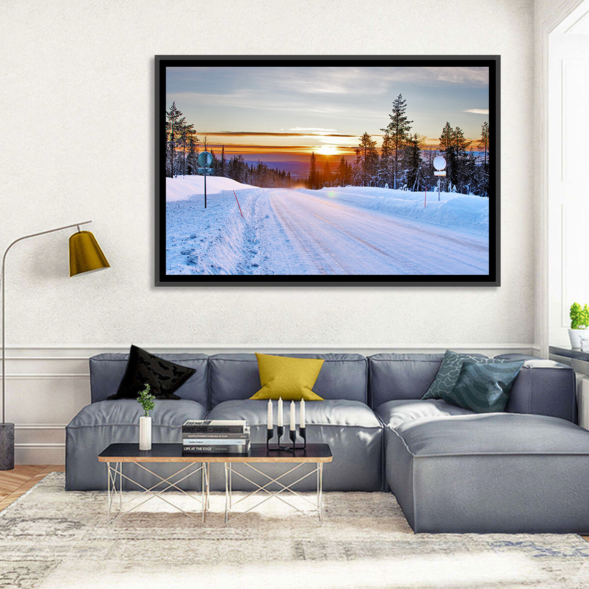 Snowy Road at Sunset Wall Art in a room, landscape