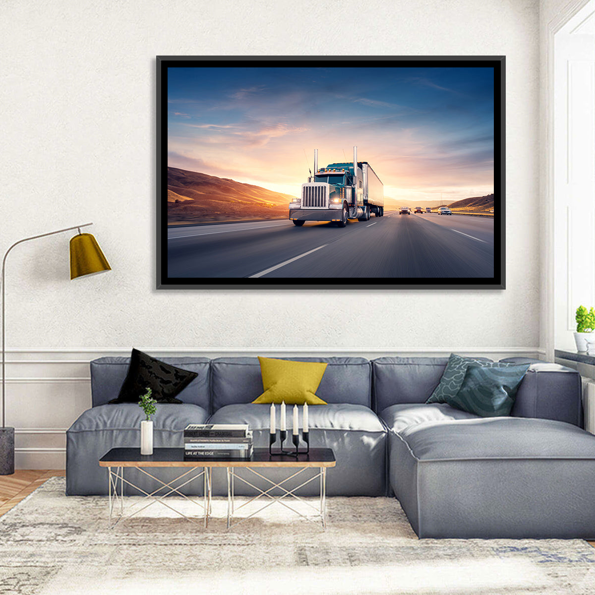 Semi Truck Highway Sunset Wall Art in a room, landscape