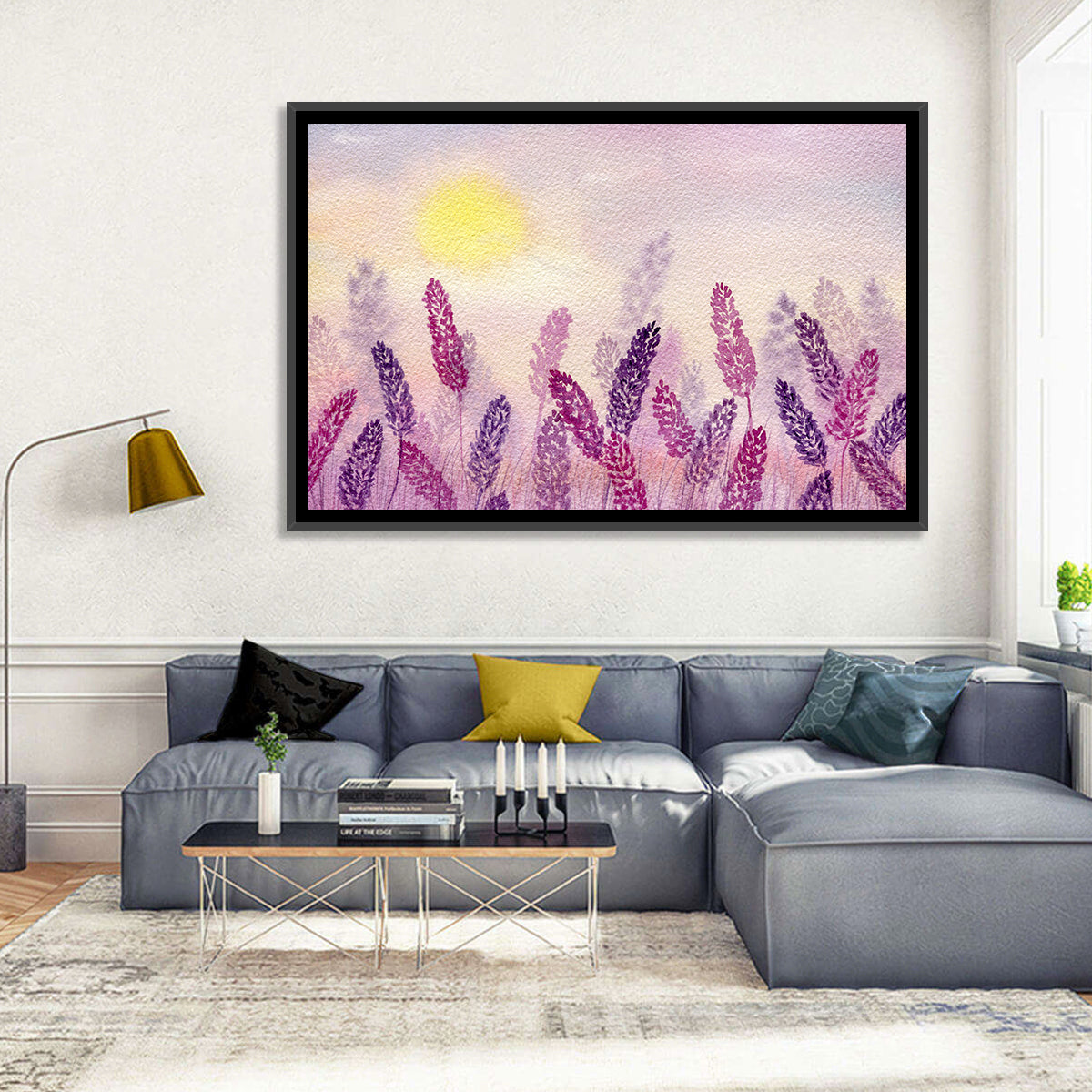 Sunlit Lavender Field Wall Art in a room, landscape