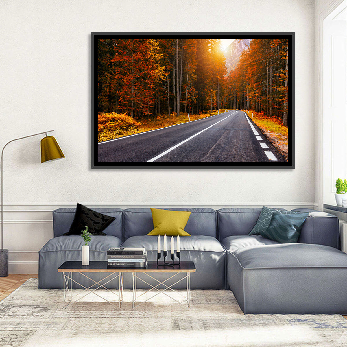 Golden Hour Forest Road Wall Art in a room, landscape