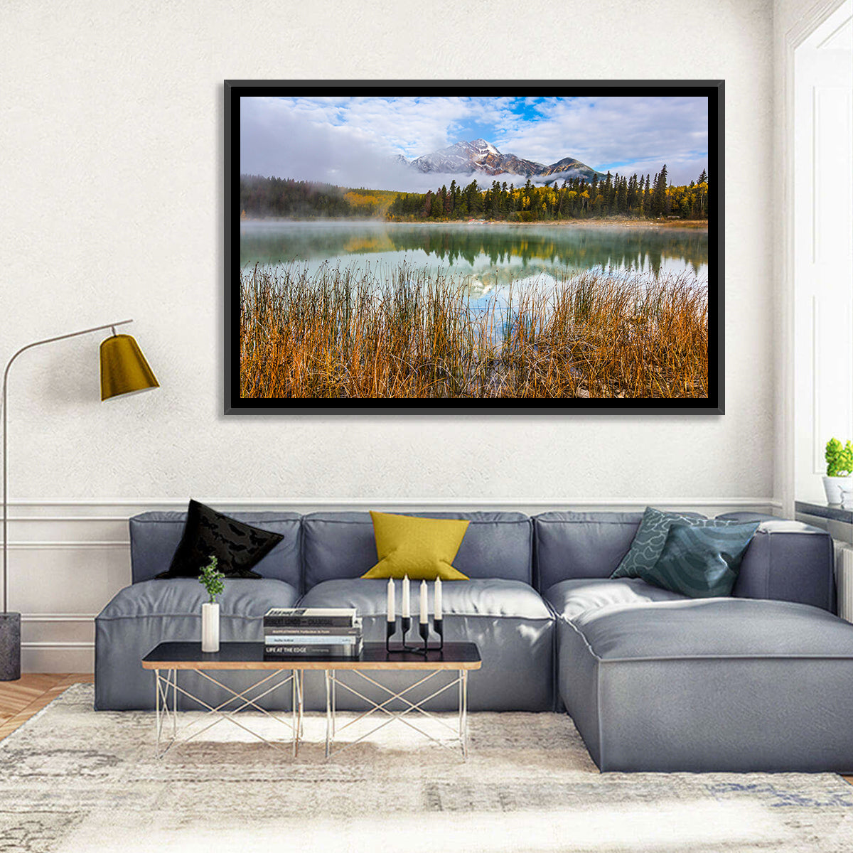 Pyramid Mountain with Golden Grasses Wall Art in a room, landscape