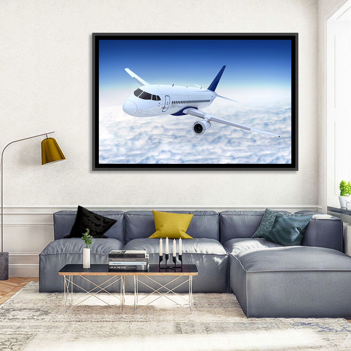 Commercial Jet Above Clouds Wall Art in a room, landscape