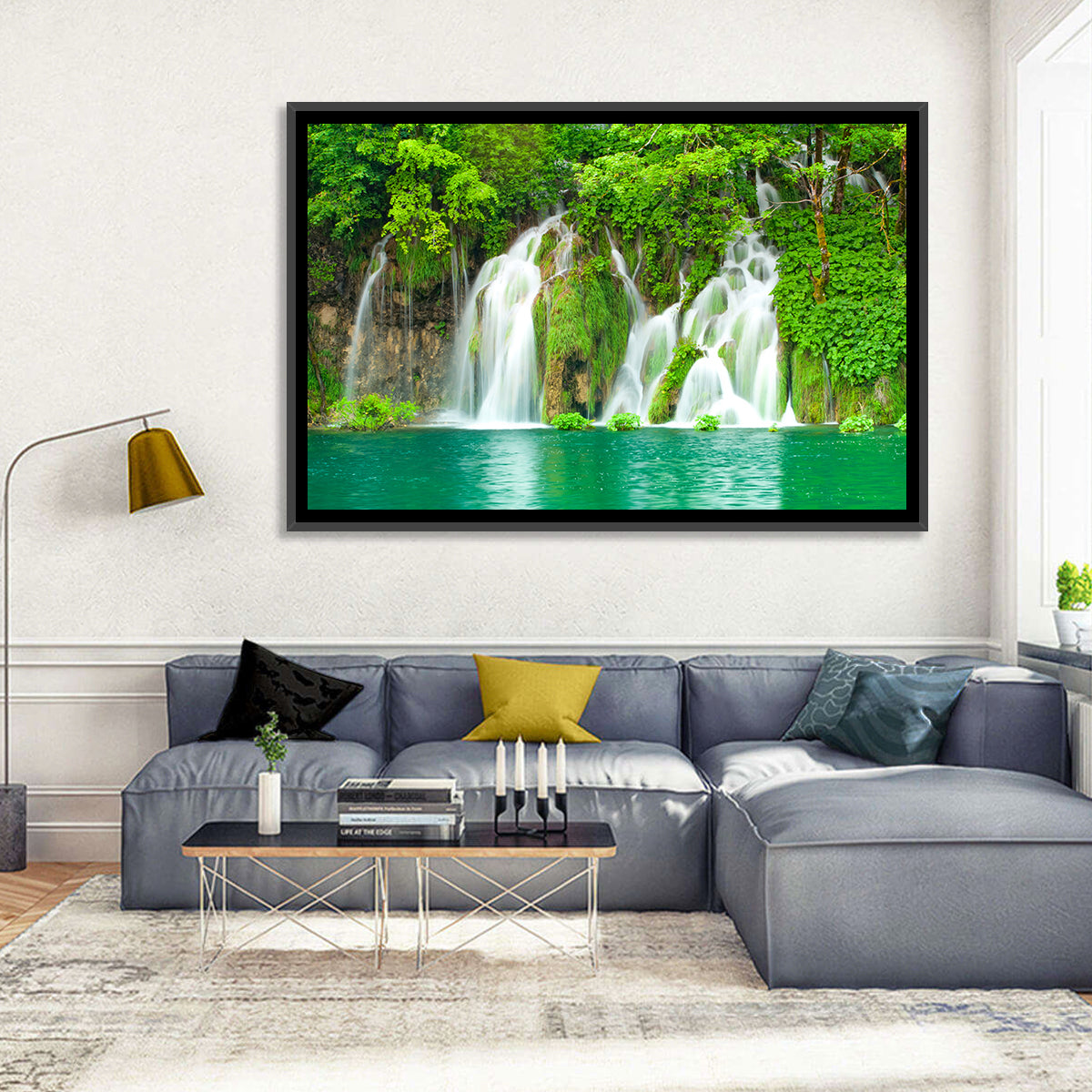 Plitvice Lakes Cascades Wall Art in a room, landscape