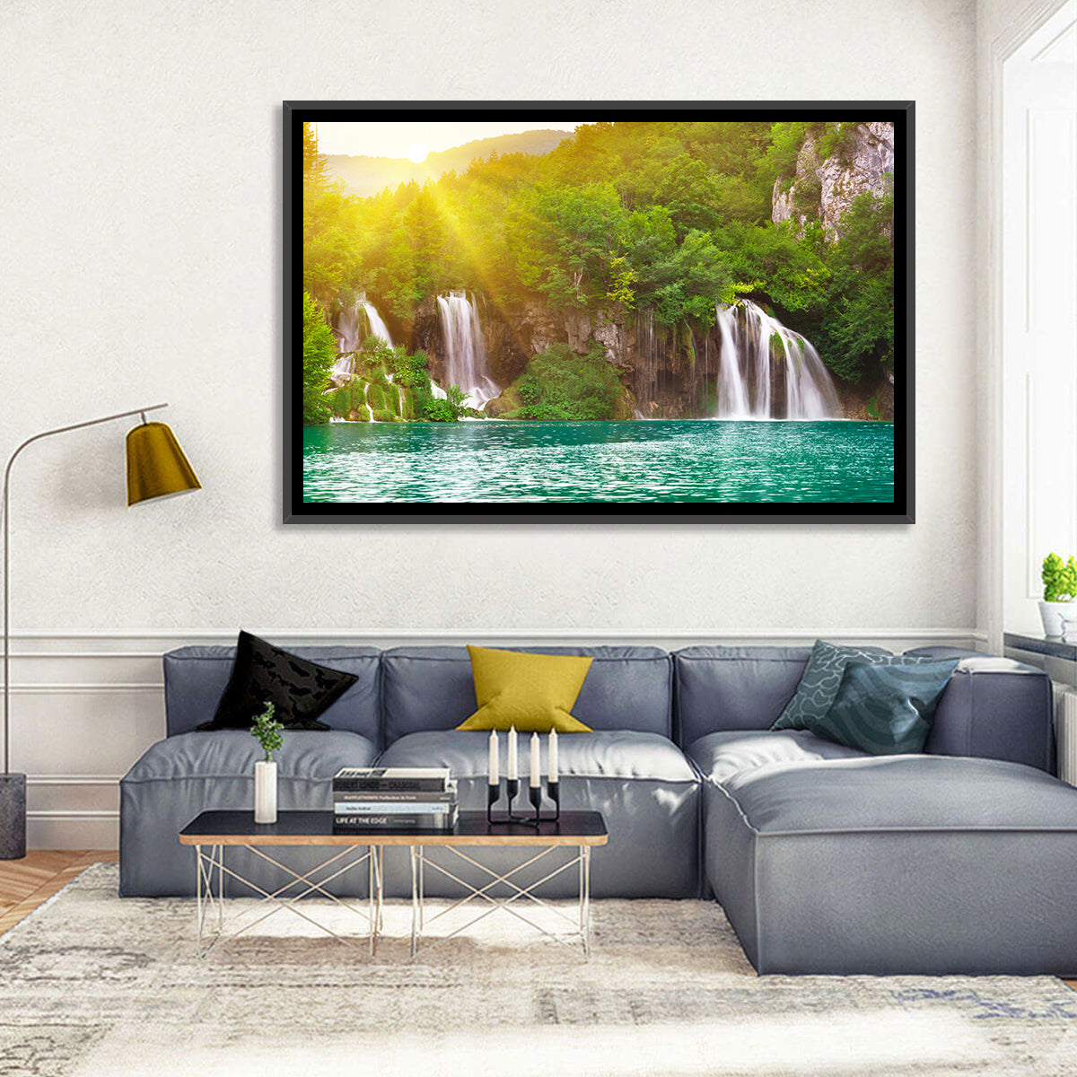 Plitvice Cascades at Sunrise Wall Art in a room, landscape