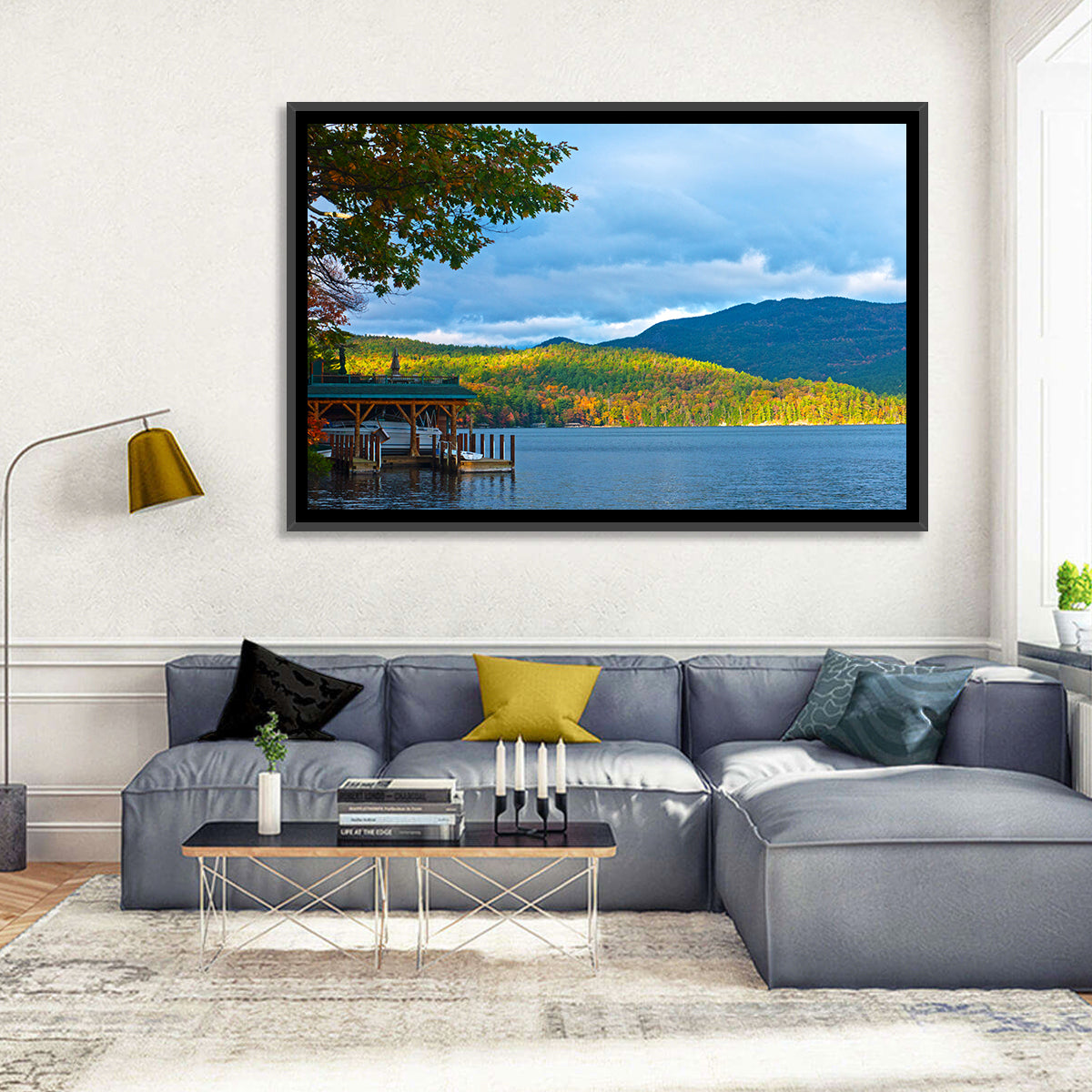 Lake George Boathouse in Autumn Wall Art
