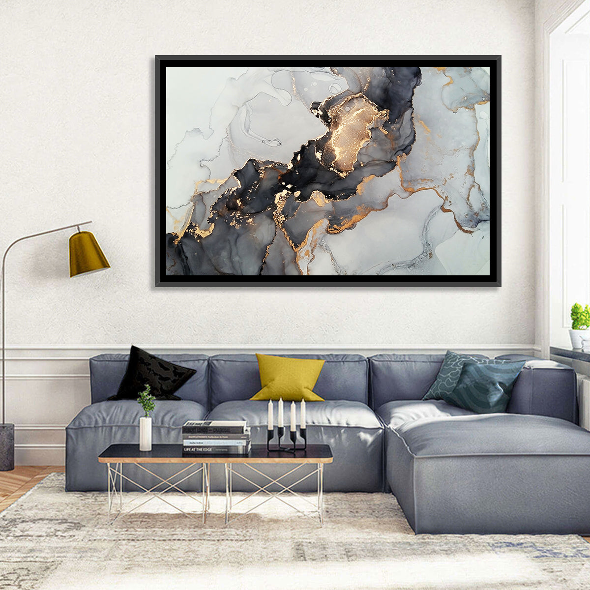 Black Fire Marble Abstract Wall Art in a room, landscape