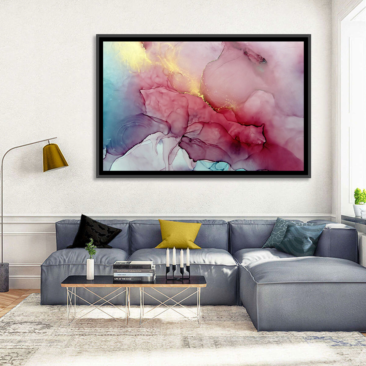 Pink and Gold Fluid Abstract Wall Art in a room, landscape