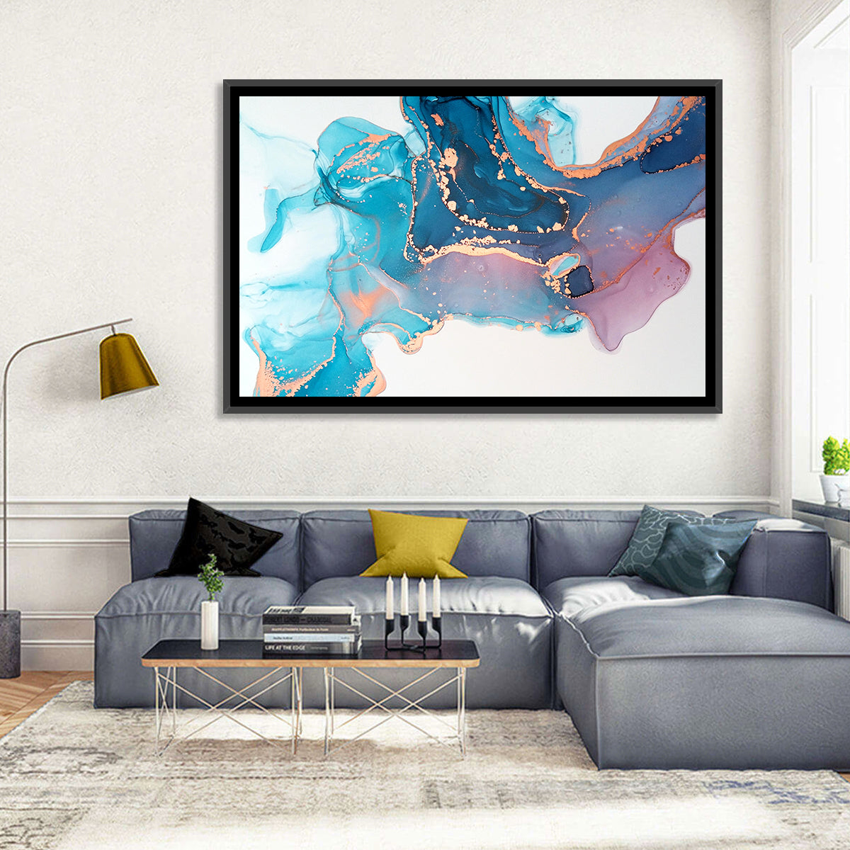 Fluid Ink with Metallic Gold Accents Wall Art in a room, landscape