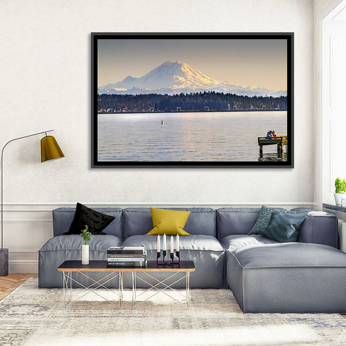 Mount Rainier Over Lake Washington Wall Art in a room, landscape