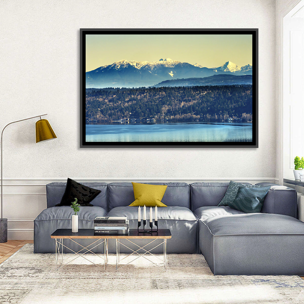 Lake Sammamish Reflection Wall Art in a room, landscape
