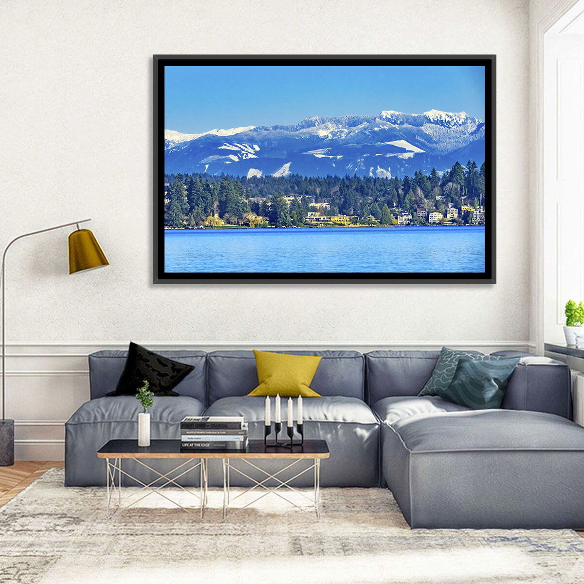 Lake Washington Snow-capped Peaks Wall Art in a room, landscape
