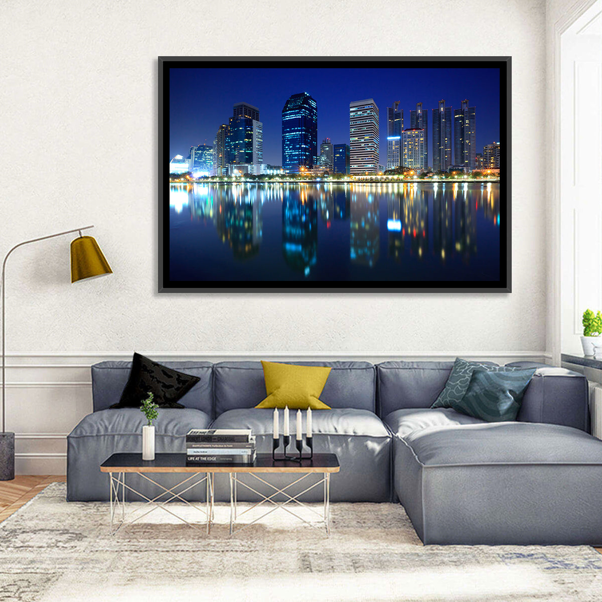 Benjakitti Park Night Skyline Wall Art in a room, landscape