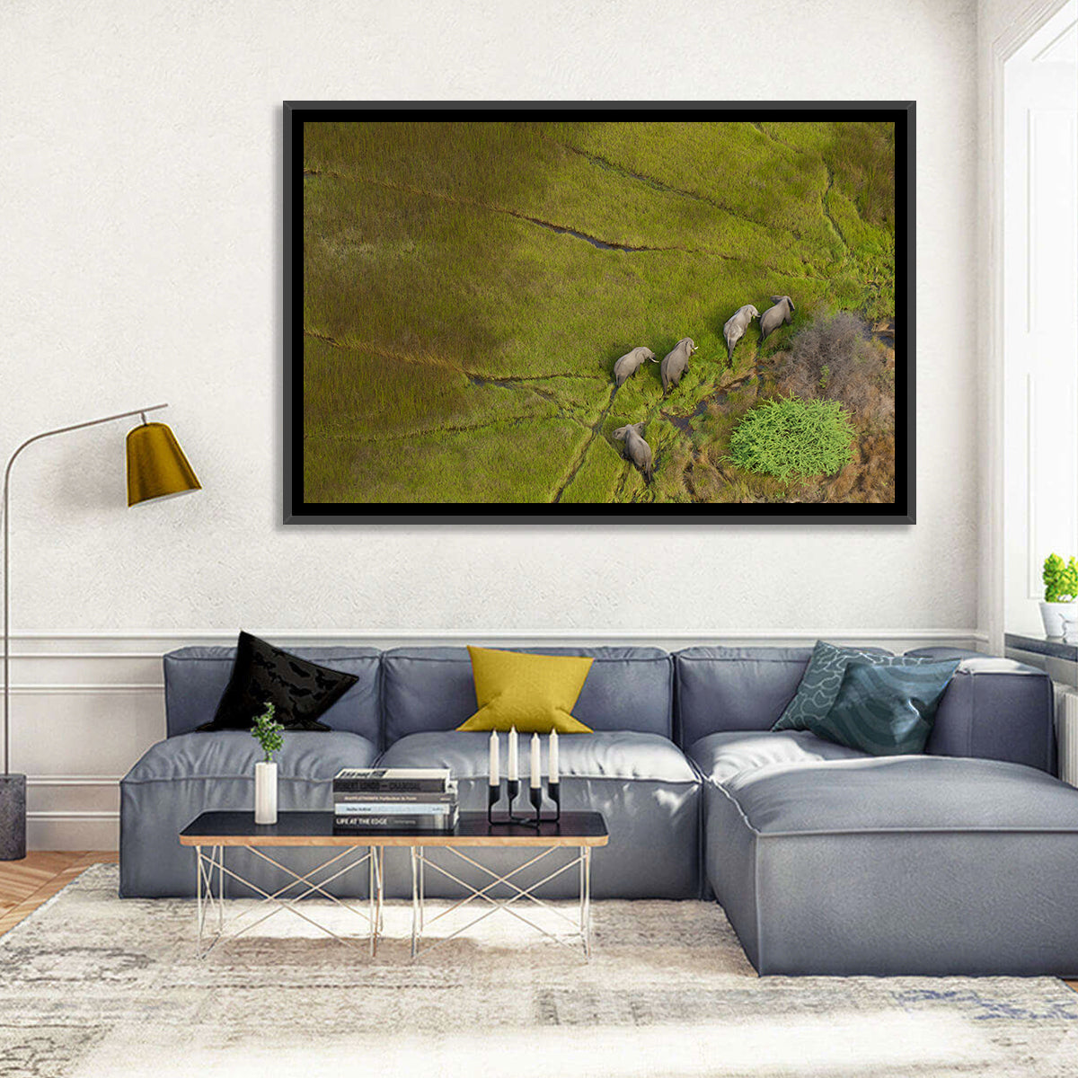 Aerial Herd of Elephants Wall Art in a room, landscape