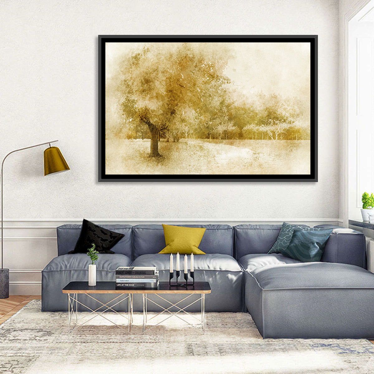 Sepia Orchard Pathway Wall Art in a room, landscape
