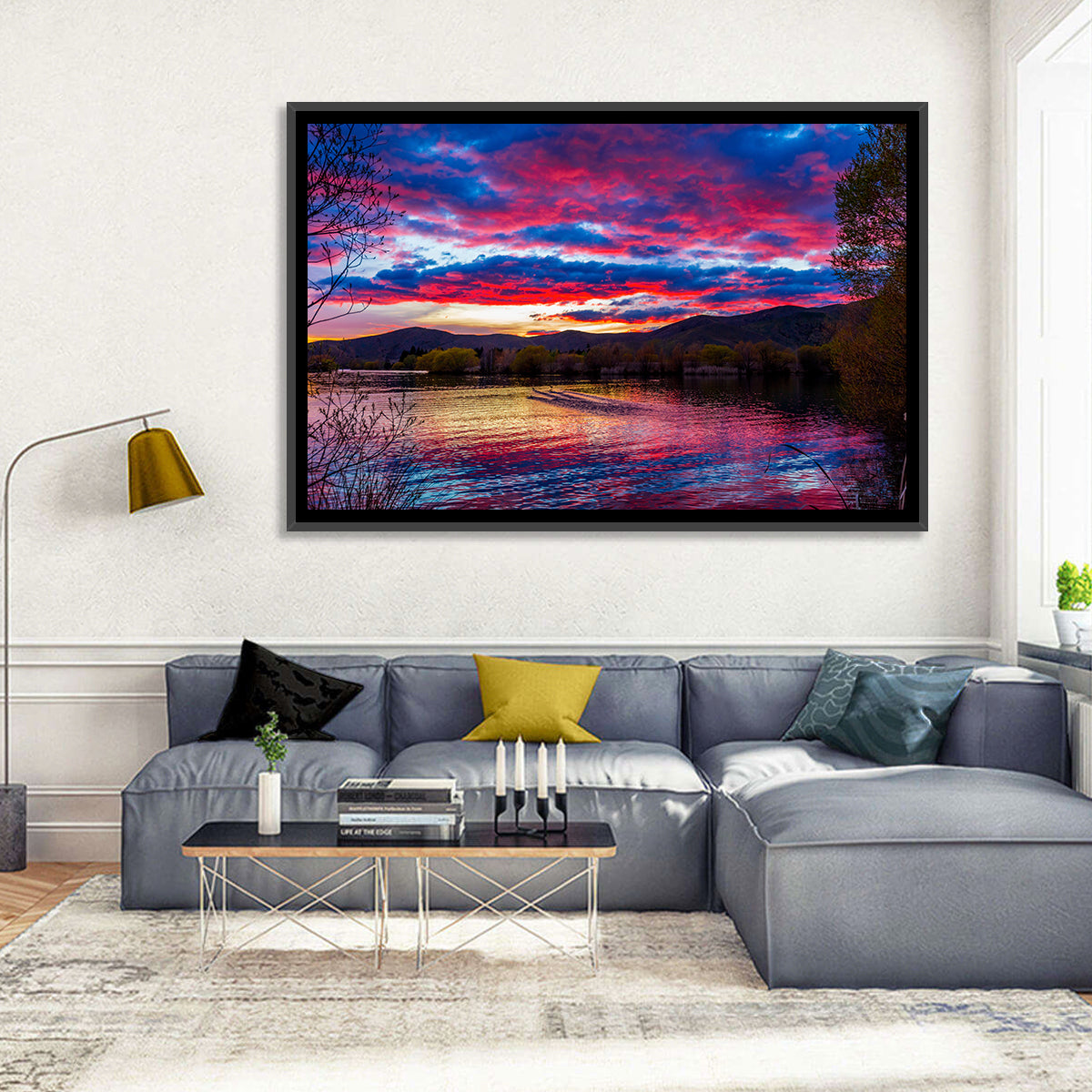 Lake Wairepo Arm Sunrise Reflection Wall Art in a room, landscape