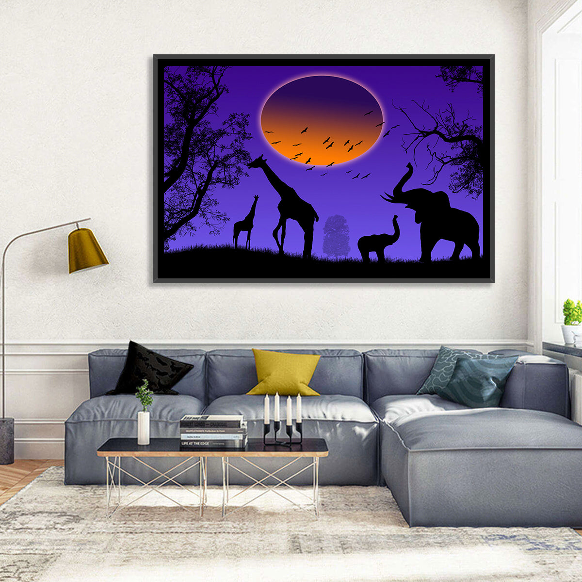 Sunset Savannah Silhouette Wall Art in a room, landscape