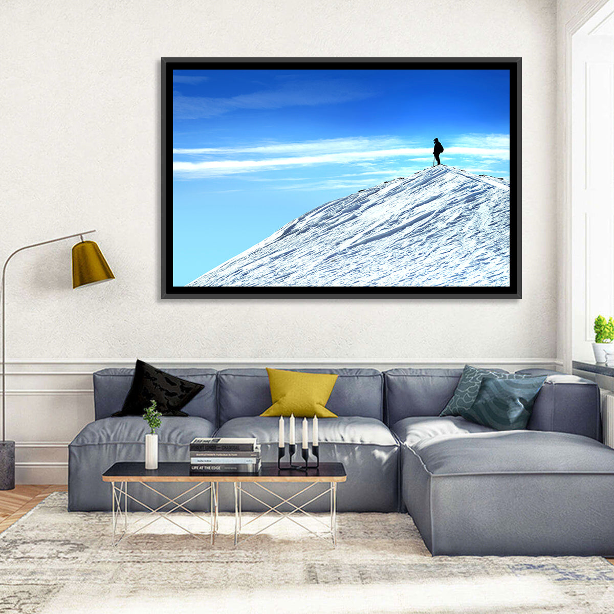 Mountaineer Summit Silhouette Wall Art in a room, landscape