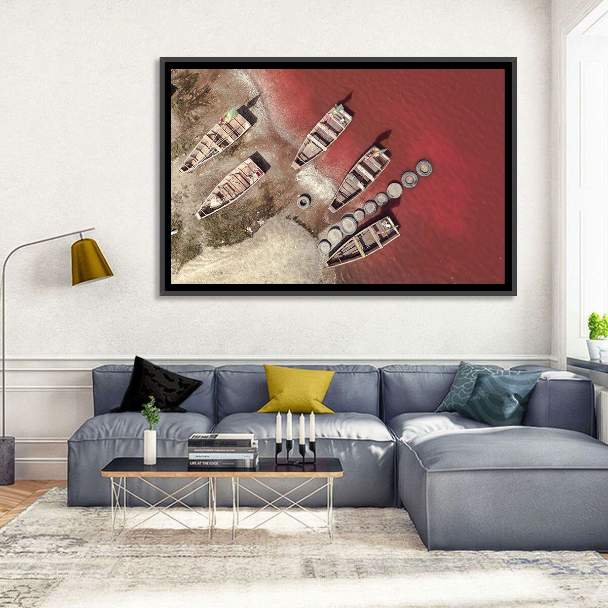 Wooden Boats on Lake Retba Wall Art in a room, landscape