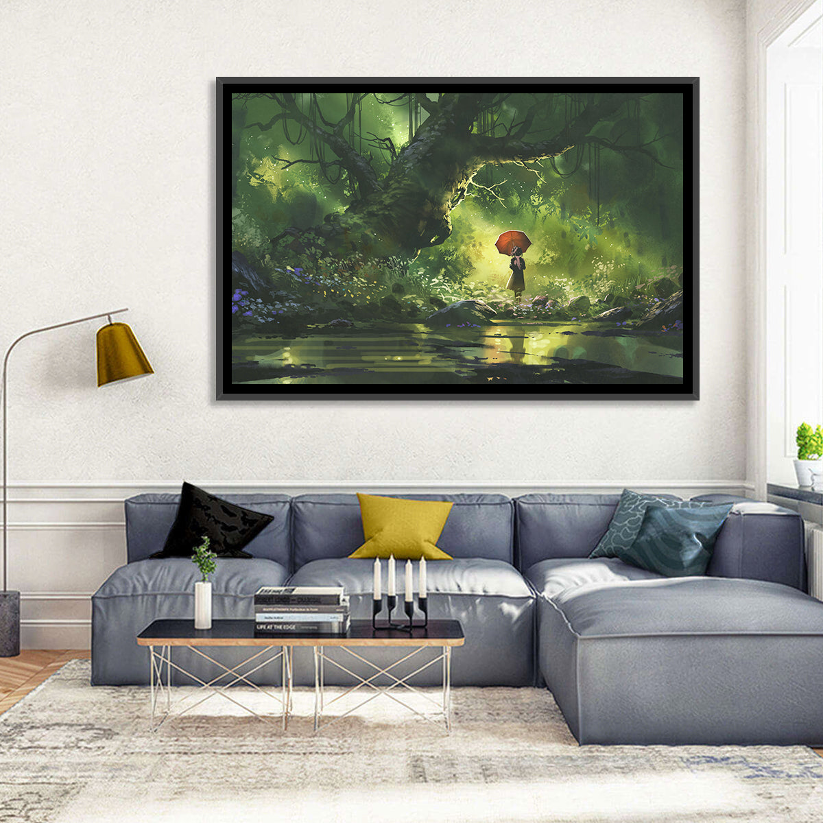 Girl with Umbrella in Mysterious Forest Wall Art in a room, landscape