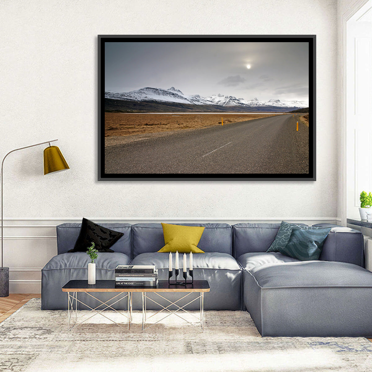 Icelandic Road to Snow-capped Mountains Wall Art in a room, landscape