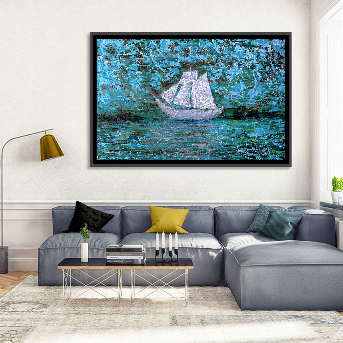 White Sailboat Reflection Wall Art in a room, landscape