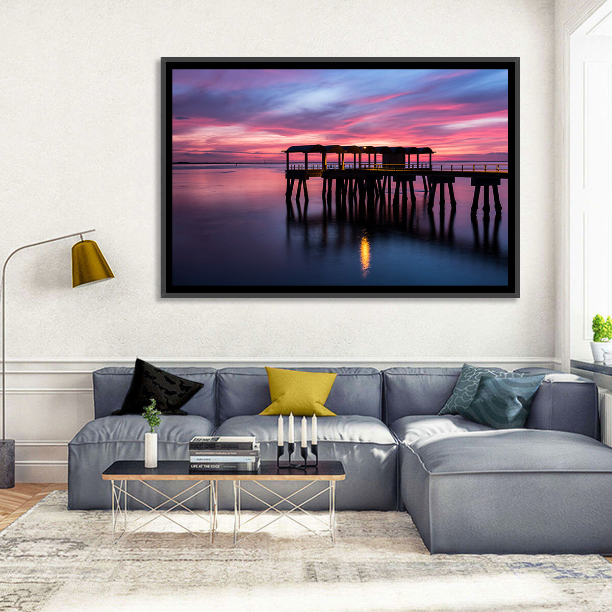 Jekyll Island Dusk Pier Wall Art in a room, landscape