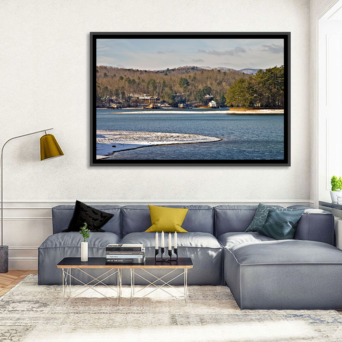 Lake Burton Winter Shoreline Wall Art in a room, landscape