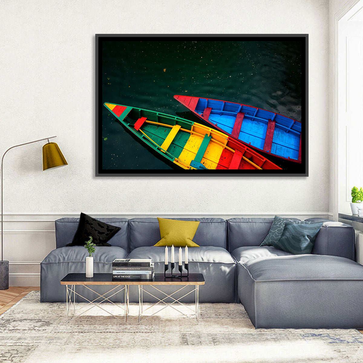 Two Colorful Boats Over Rippling Water Wall Art in a room, landscape