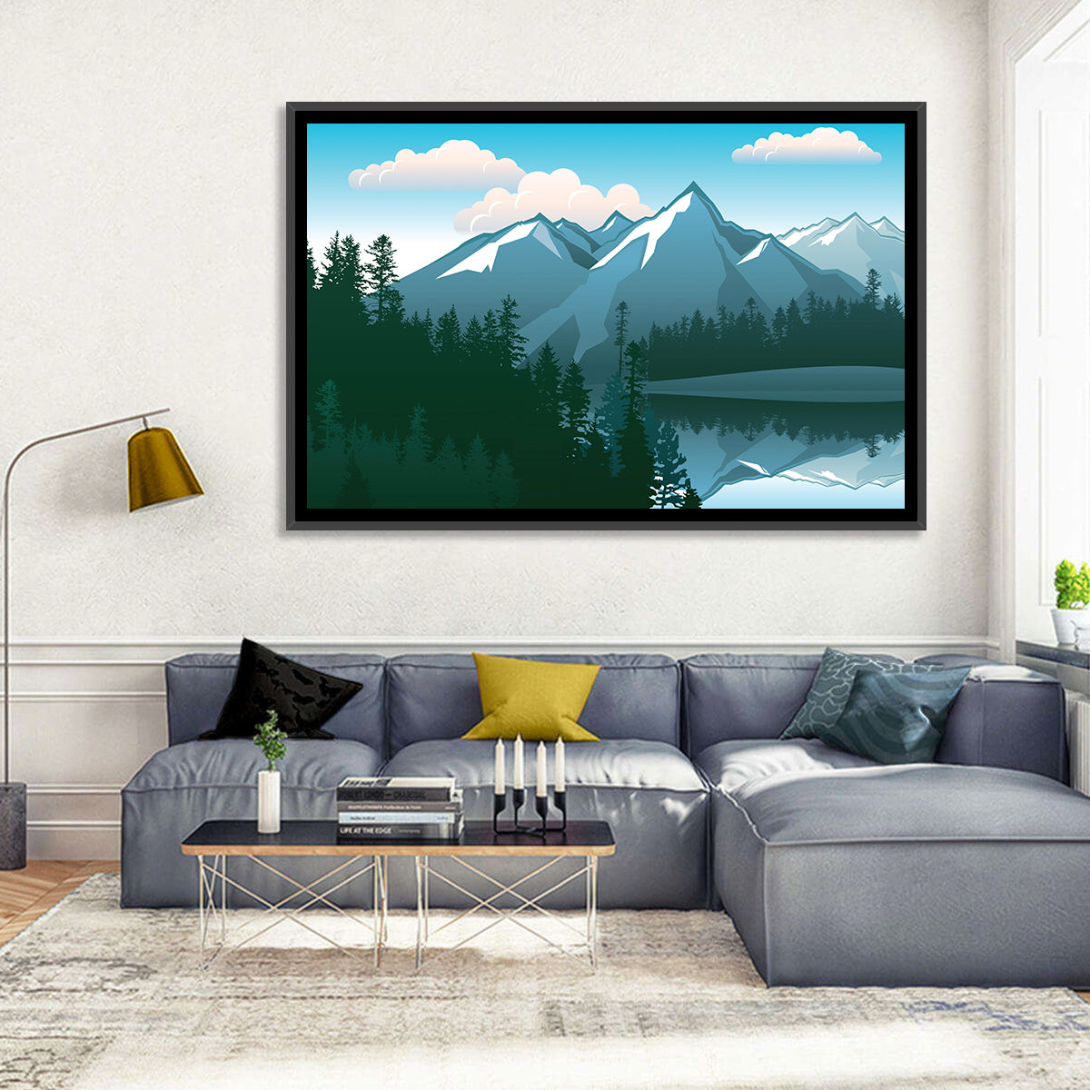 Tranquil Mountain Lake Illustration Wall Art in a room, landscape