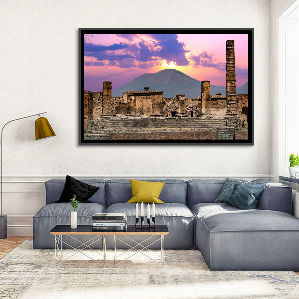 Pompeii Columns at Sunset, Mount Vesuvius Wall Art in a room, landscape