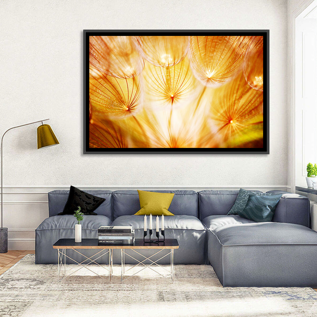 Golden Hour Dandelion Seed Macro Abstract Wall Art in a room, landscape