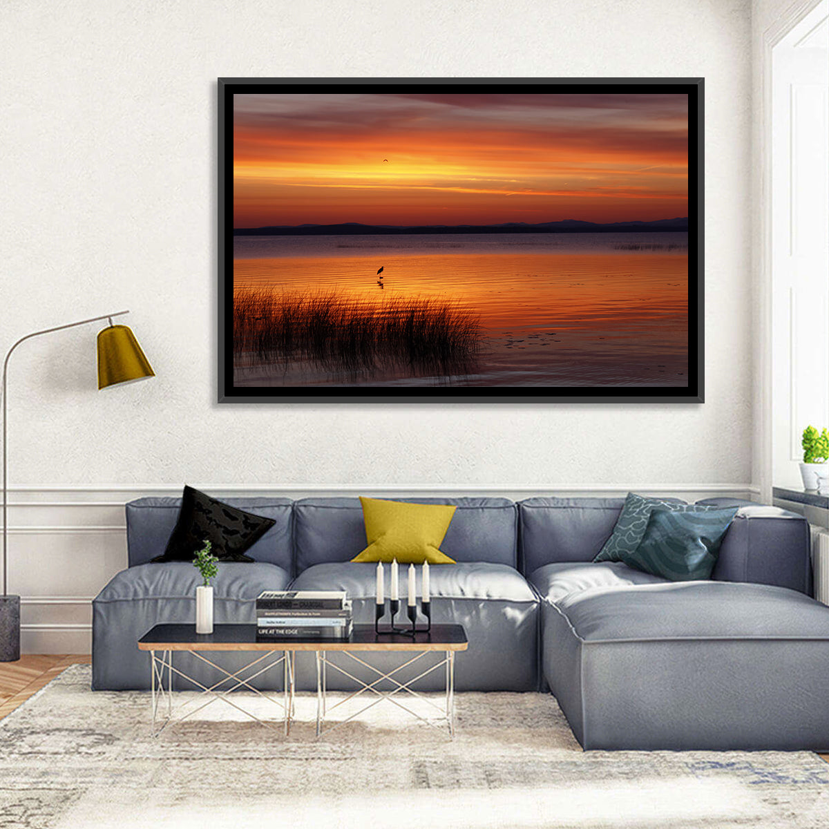 Lake Champlain Sunrise with Heron Wall Art in a room, landscape