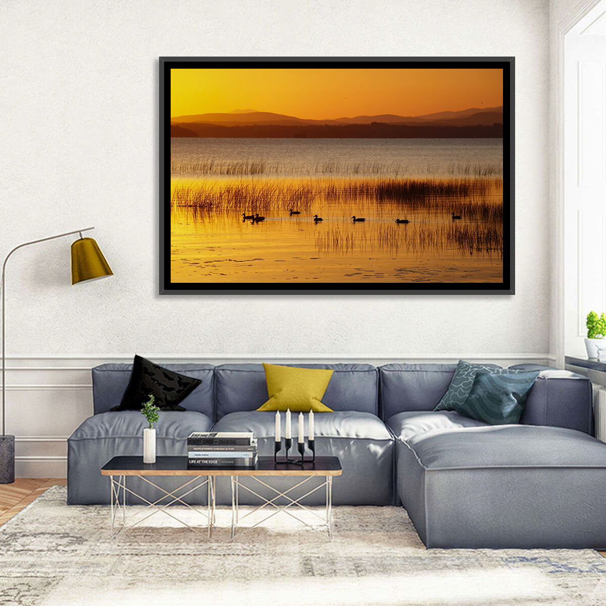 Lake Champlain Golden Sunrise Wall Art in a room, landscape
