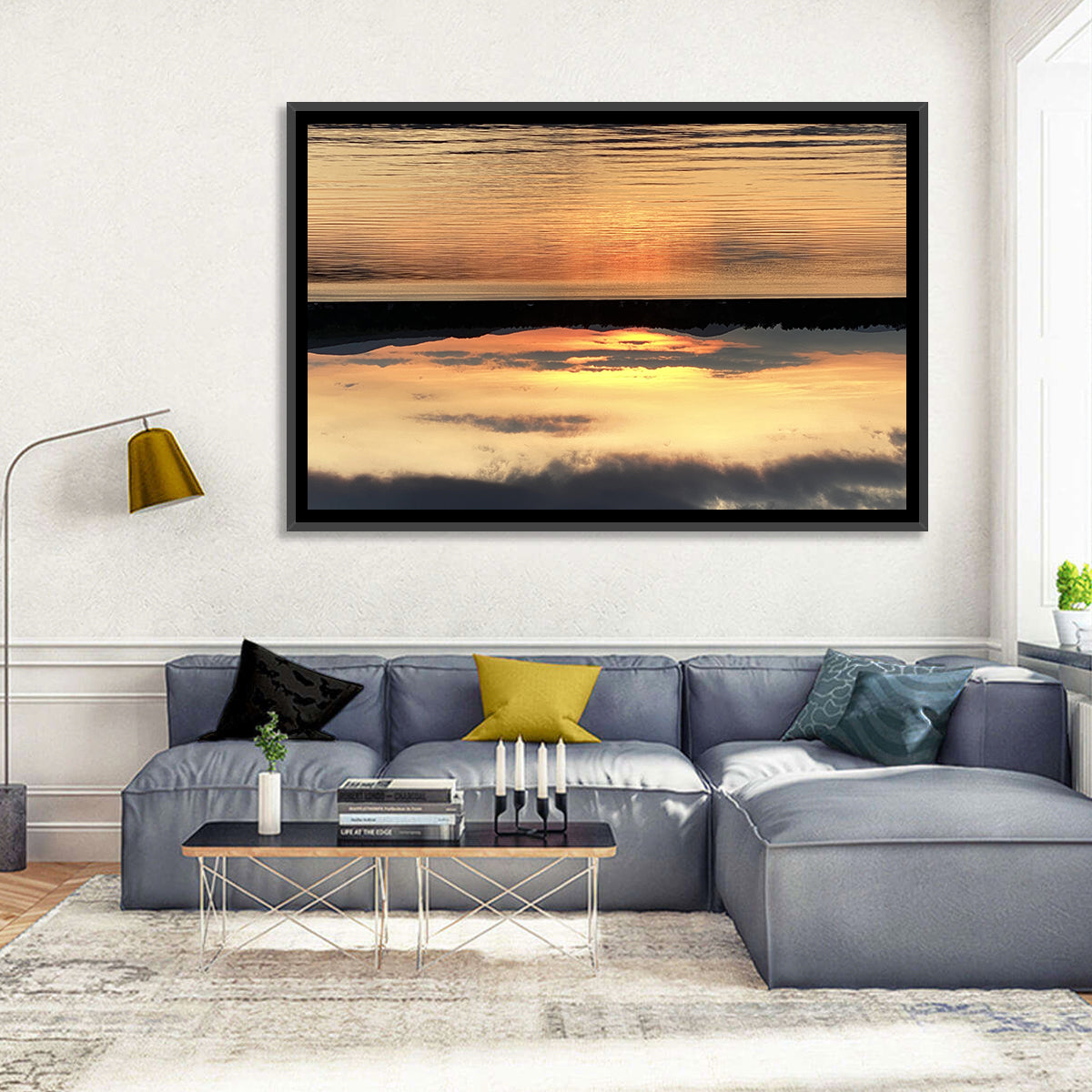 Lake Pleasant Golden Sunset Wall Art in a room, landscape