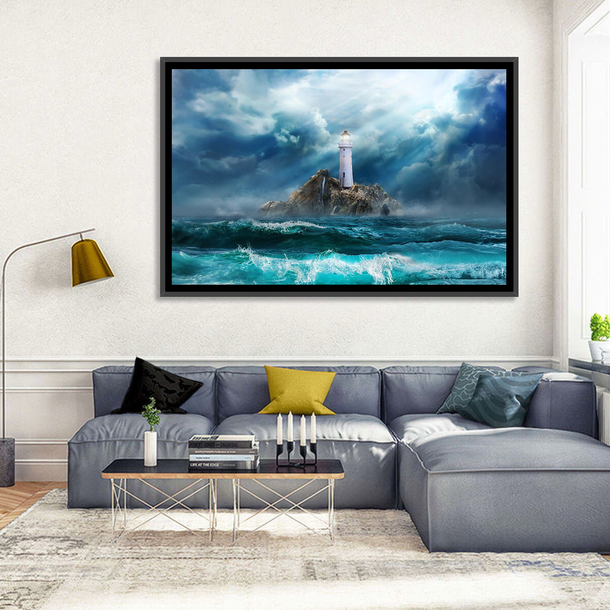 Rocky Island Lighthouse Wall Art in a room, landscape