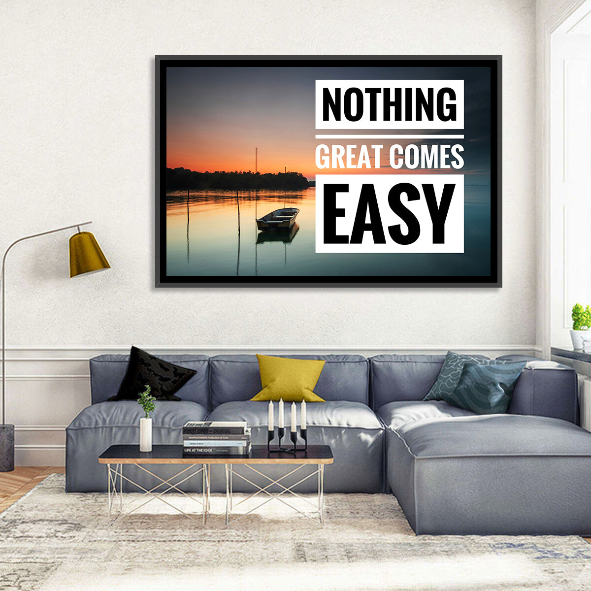 Nothing Great Comes Easy, Boat at Sunrise Wall Art in a room, landscape