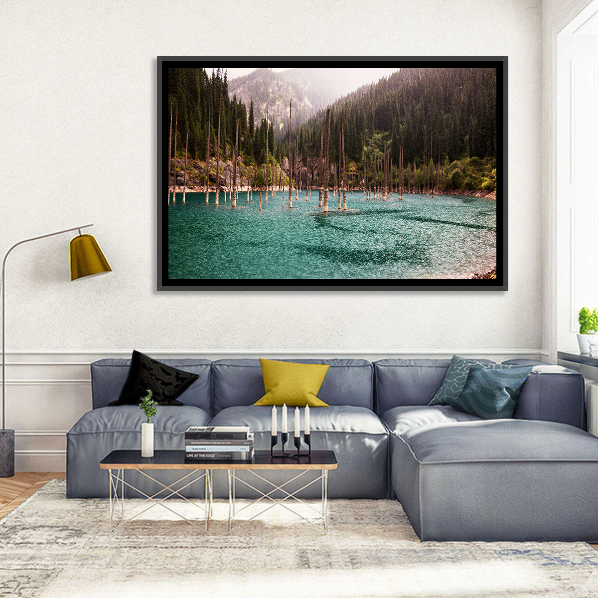Kaindy Lake Submerged Spruces Wall Art in a room, landscape